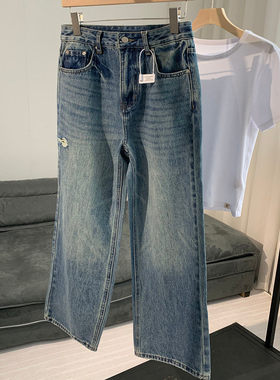 【CHUNXI】【口碑系列】美式复古港风水洗破洞高腰直筒牛仔裤女