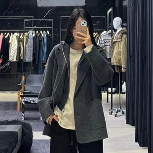 【Chunxi】100绵羊毛~可拆卸针织连帽门襟平驳领双面呢大衣外套女