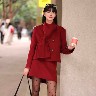 【Chunxi】@Sw 新年战袍套装 红色绵羊毛双面呢围巾外套a字半身裙