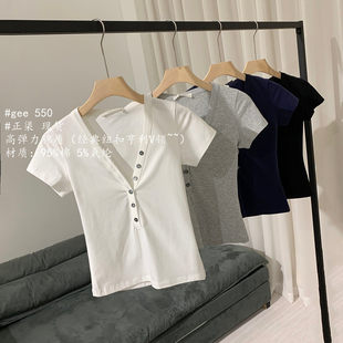 550 经典 美式 短袖 @正渠 纽扣亨利V领修身 T恤上衣女夏 ChunXi