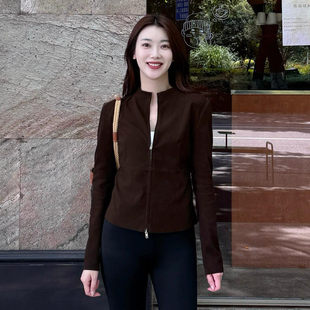 【Chunxi】@瑜伽皮衣 老钱风小蛮腰超柔华绒棕色立领短款外套女