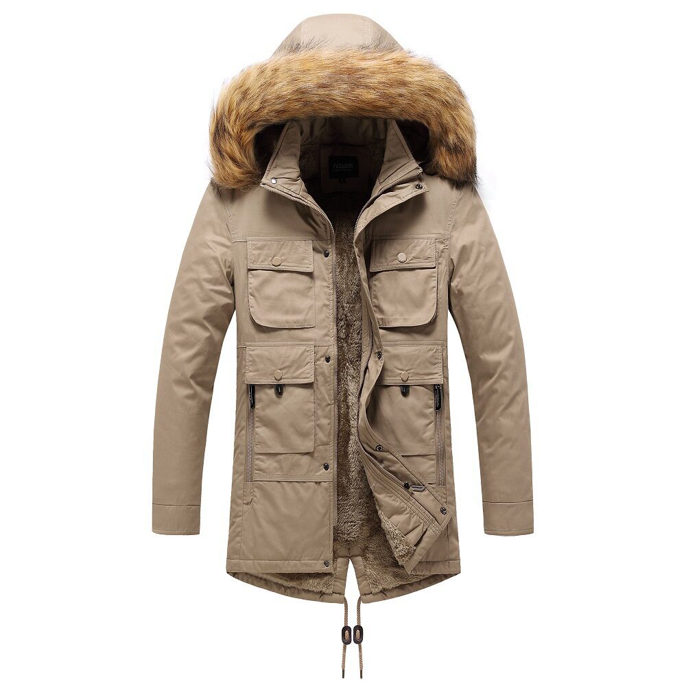 加绒连帽棉衣男冬季中长款加绒加厚爸爸棉服多口袋工装棉袄外套