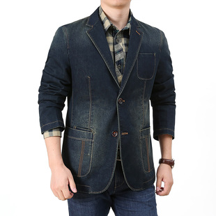 新款春秋季牛仔西装男士商务休闲宽松大码青年牛仔西服外套上衣