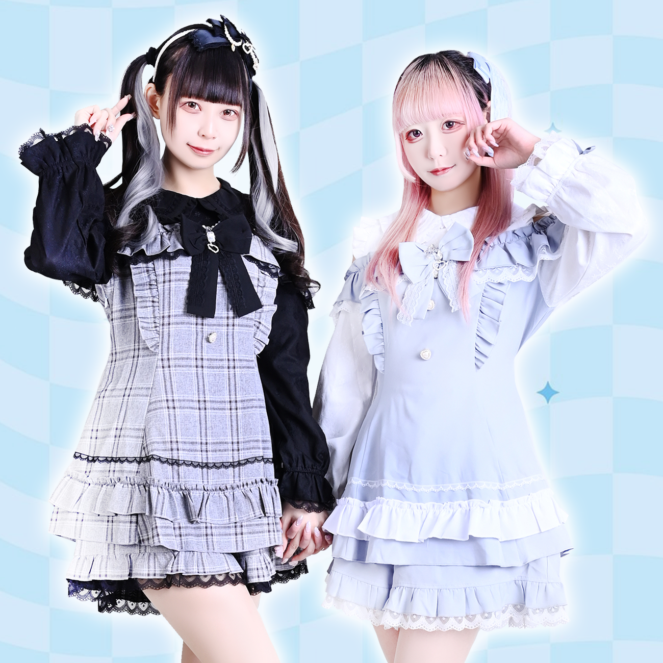 吉儿朋克】原创冬夜圣愿格纹量产型娃娃领露肩长袖连衣裙套装