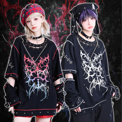 吉儿朋克】原创零度椎骨渐变印花缕空十字架项链铆钉中性接袖T恤