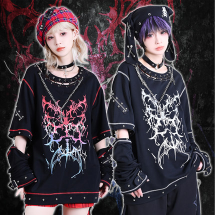 吉儿朋克】原创零度椎骨渐变印花缕空十字架项链铆钉中性接袖T恤