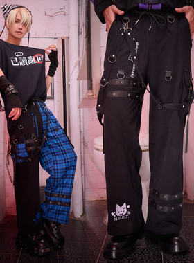 吉儿朋克】原创二次元NEET自宅警备员格纹口袋背带直筒工装长裤