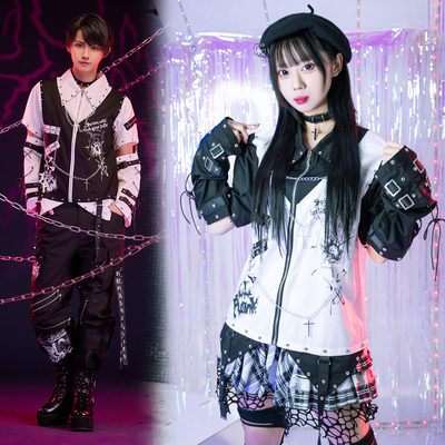 吉儿朋克】原创视觉系乐团仿生恶魔假两件马甲造型接袖衬衫外套