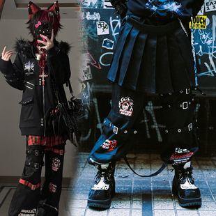 吉儿朋克】原创朋克狂潮百褶裙片裤链造型格纹八神长裤亚文化