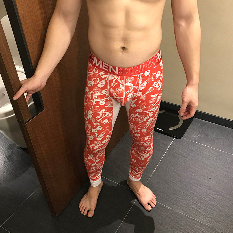 秋冬男士纯棉薄款保暖裤抽象人脸印花紧身打底裤男单件修身衬裤潮