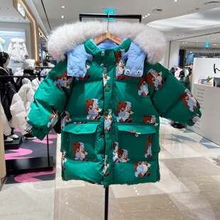 韩国代购BEBEDEPINO贝贝品诺儿童两面穿长款印花大毛领80%羽绒服