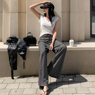 时尚起义韩国代购潮范2026春夏翻边腰条纹微喇叭休闲裤dp26041302