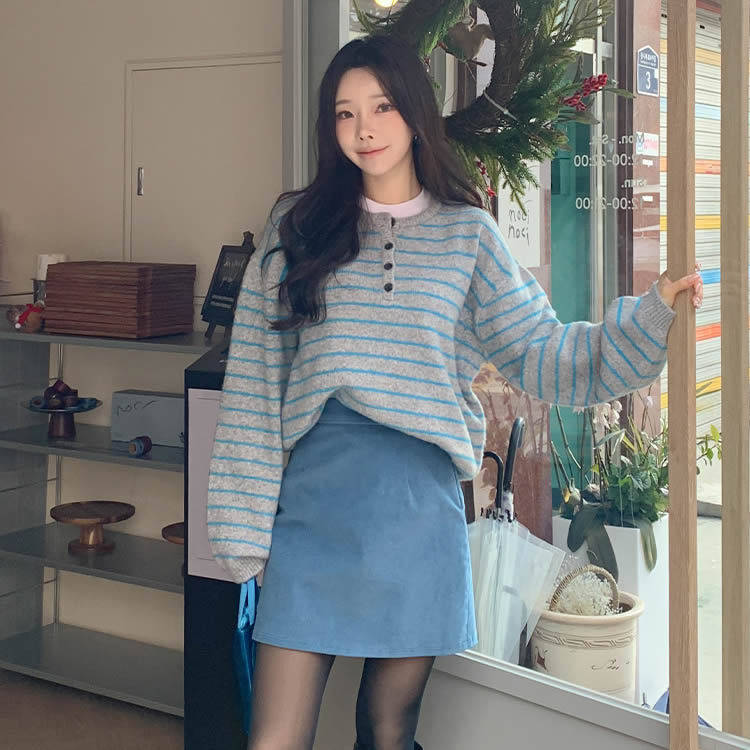 时尚起义韩国代购潮范2025冬纽扣圆领条纹宽松针织衫dp25122801