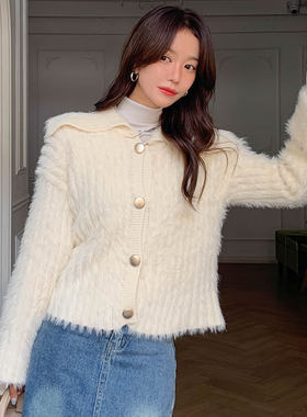 时尚起义韩国潮范2025秋冬翻领毛绒竖纹长袖针织开襟衫dp25101702