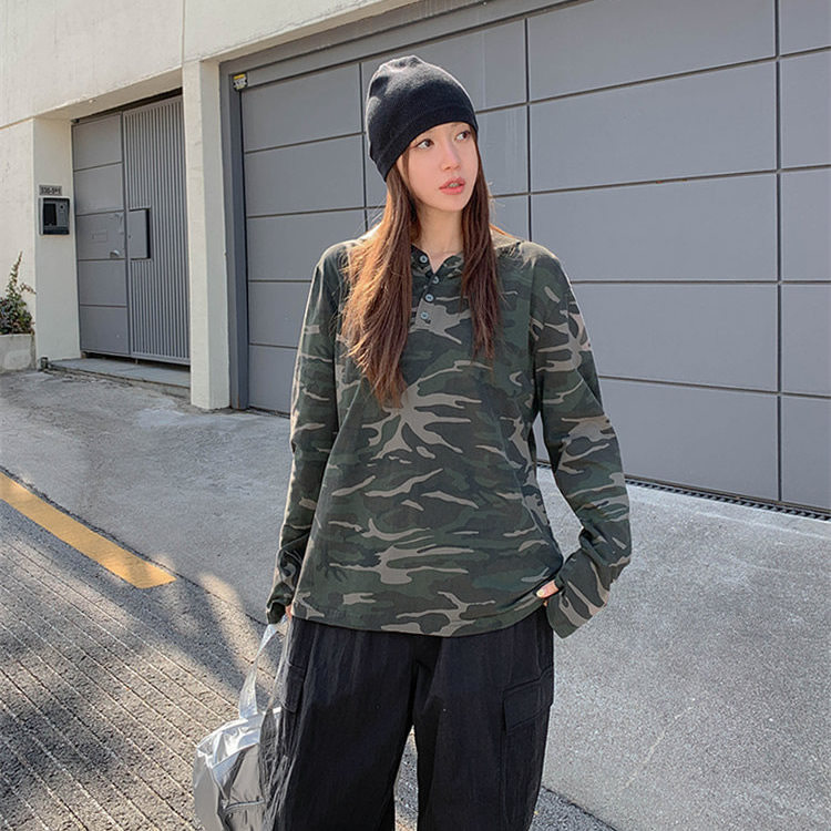 时尚起义韩国潮范2026春男女同款迷彩拇指洞连帽T恤ly26031303