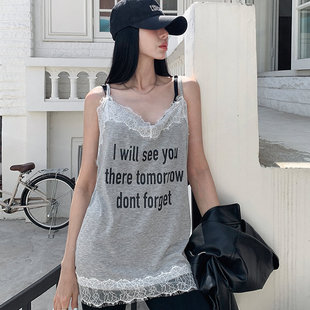 时尚起义韩国潮范2026春夏forget蕾丝字母叠穿吊带T恤dp26040301