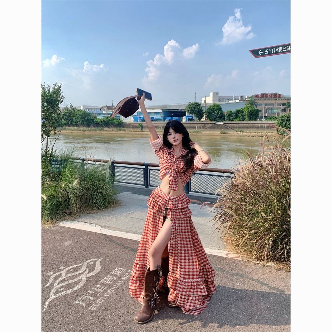 法式格子穿搭套装女蝴蝶结绑带Polo领短款衬衫花边拼接开叉半身裙