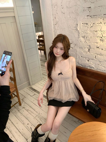 秋上新三件套装女甜美小香风网纱波点吊带长袖绑带针织衫半身短裙