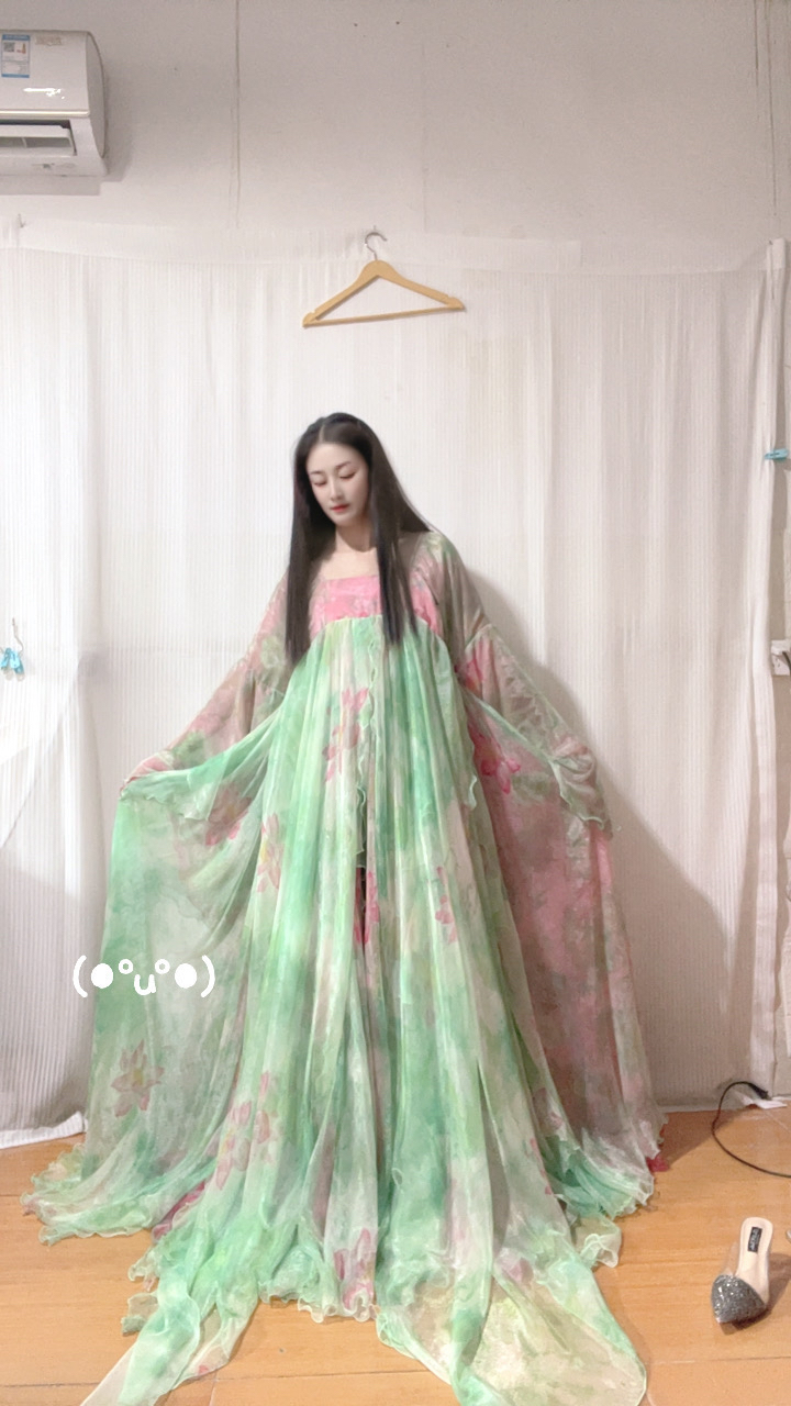 原创设计雪纺大摆裙绿色印花超级大摆仙女裙连衣裙红色绿色长裙