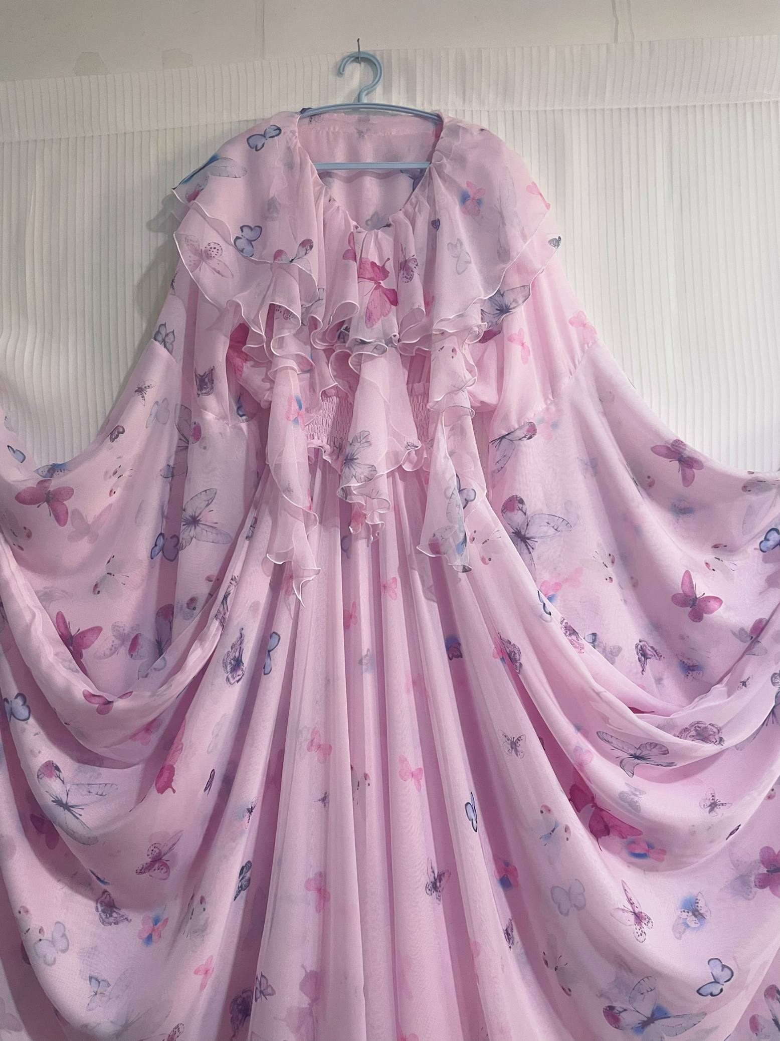 原创设计长裙粉色印花雪纺连衣裙天丝印花雪纺大摆裙