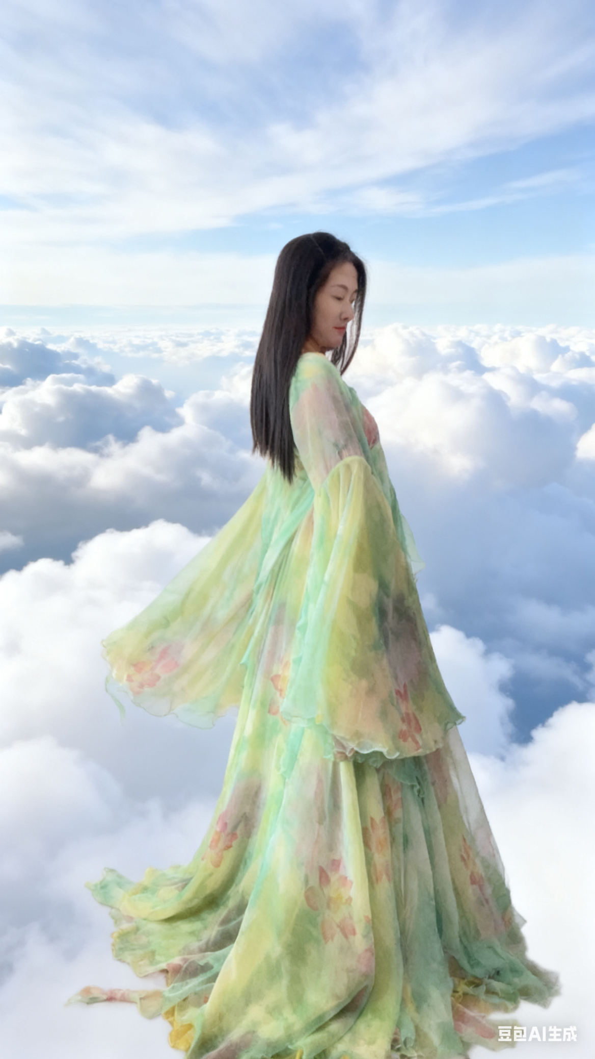 设计师定制大摆裙绿色黄色金丝雪纺连衣裙3层超级大摆仙女裙