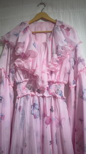 天丝雪纺大摆裙水袖 超长粉色天丝雪纺连衣裙