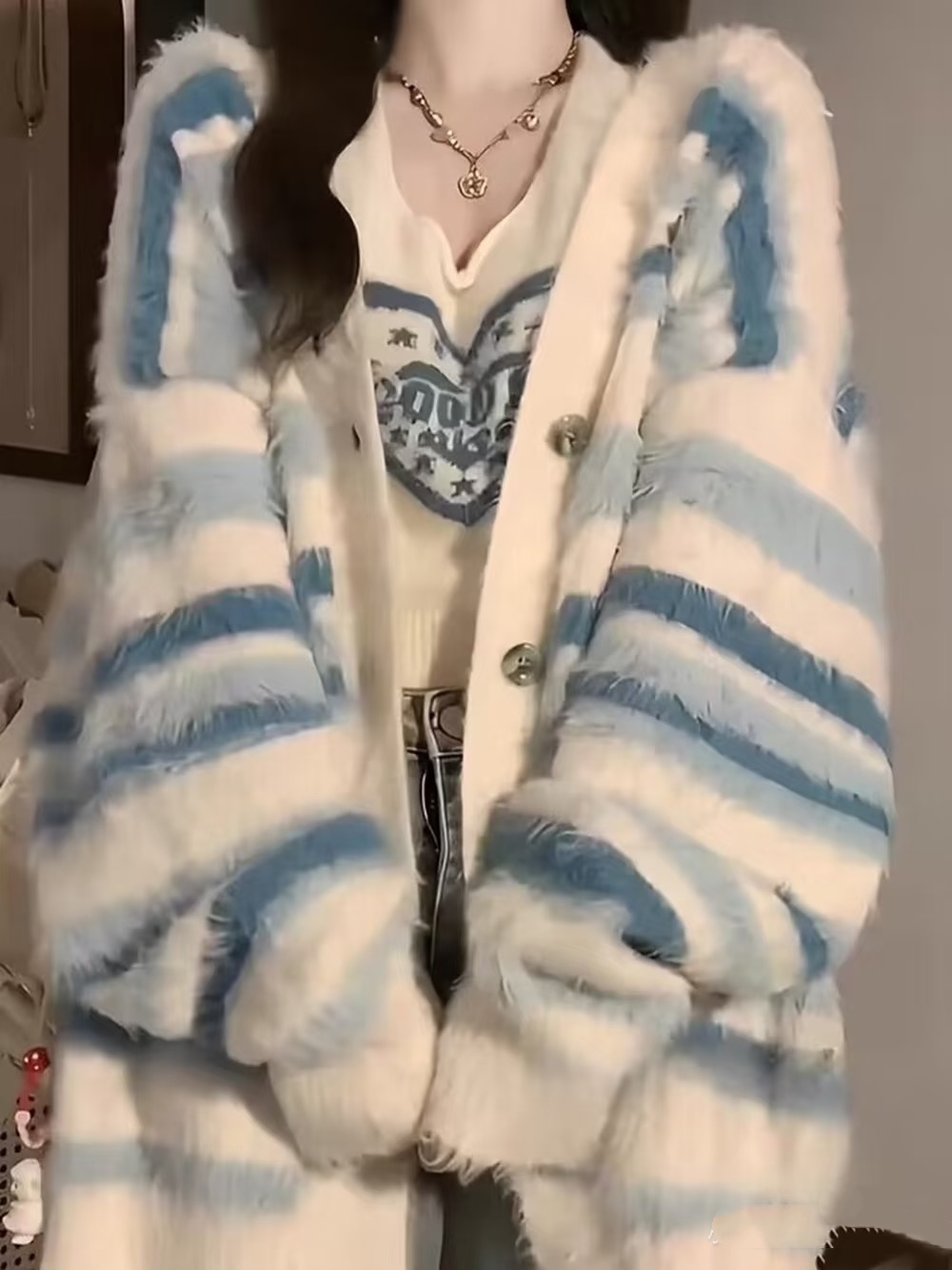 加厚版！高级感撞色条纹水貂绒毛衣开衫女秋装宽松长袖针织衫外套