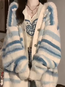 加厚版！高级感撞色条纹水貂绒毛衣开衫女秋装宽松长袖针织衫外套
