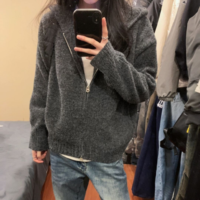 慵懒风双拉链连帽毛衣开衫