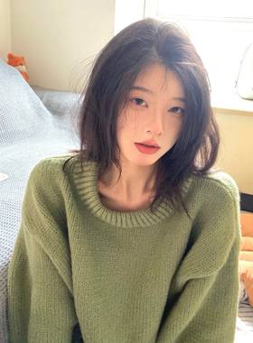 复古绿！圆领加厚宽松毛衣