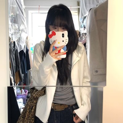 纯净白！设计感连帽拉链毛衣开衫