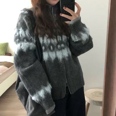 慵懒风费尔岛水貂撞色毛衣开衫