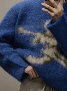 高级感！慵懒风蓝色拉绒套头毛衣女秋装新款韩版宽松长袖针织衫潮