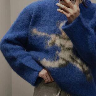 高级感！慵懒风蓝色拉绒套头毛衣女秋装新款韩版宽松长袖针织衫潮