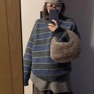 oversize！慵懒风条纹套头毛衣