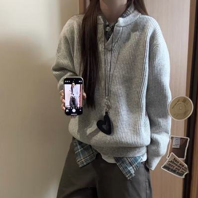 加厚版！慵懒风灰色V领套头毛衣