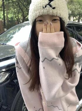 加厚版！慵懒风卡通连帽毛衣开衫女春装韩版宽松单排扣针织衫外套