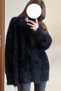 超温暖！慵懒风黑色海马毛套头毛衣女春装新款宽松加厚针织衫外穿