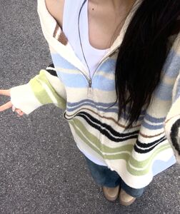 超软糯！ins风撞色条纹拉链毛衣开衫女2023秋装韩版翻领针织外搭