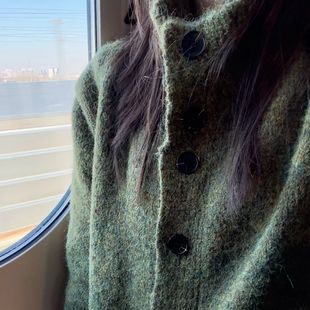 上衣潮 芥末绿 圈圈纱翻领毛衣开衫 女外套2025秋冬新款 宽松针织衫