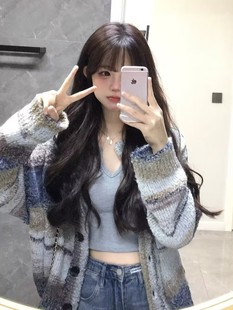 复古渐变单排扣毛衣开衫 针织衫 女外套2026春装 韩版 潮 新款 超软糯