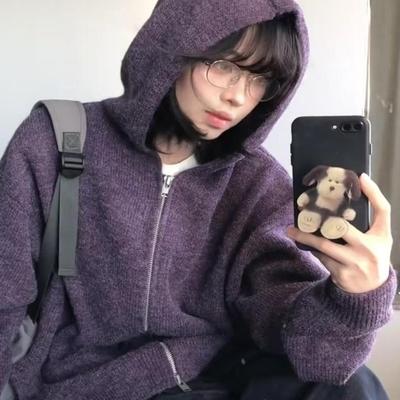 oversize！紫色拉链连帽开衫