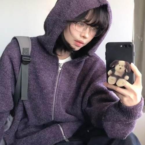 oversize！紫色拉链连帽开衫