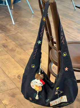 超重工！撞色刺绣牛仔斜挎包女2025秋季新款学生百搭大容量斜挎包