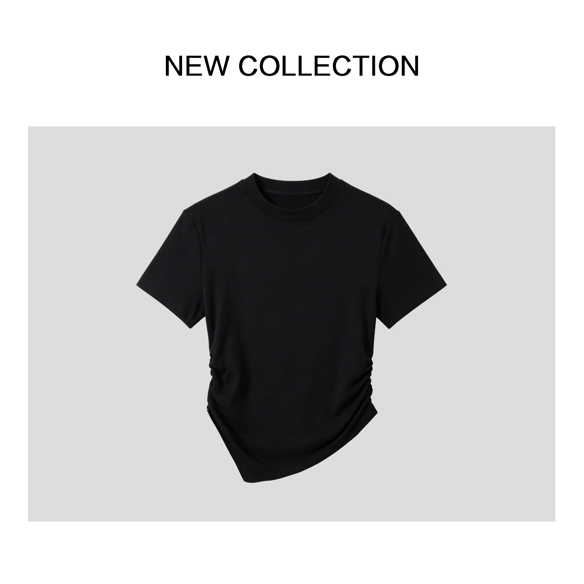 NEW COLLECTION黑色短袖T恤女夏季简约圆领收腰上衣T1628102