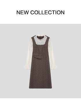 L5F56002 复古优雅方领格纹背带裙