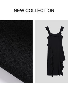 L5F26013黑色荷叶边肩带不规则裙摆连衣裙