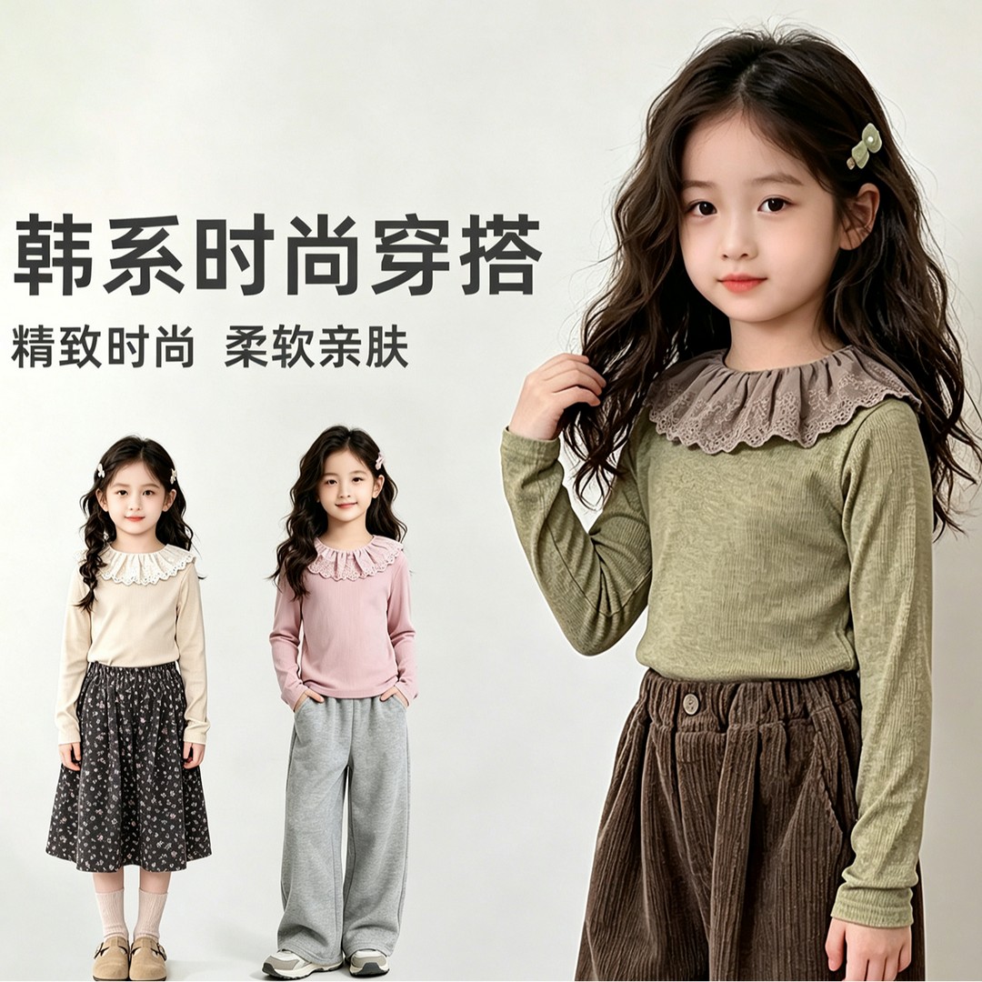 2026女童荷叶边上衣春秋款弹力蕾丝花边领中小童装洋气长袖打底衫
