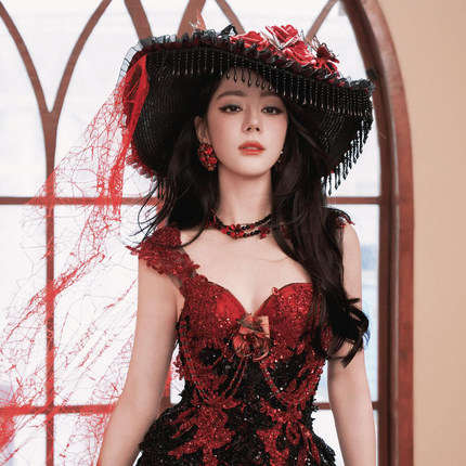 迪丽热巴同款暗黑红哥特庄园女主人寡妇帽吸血鬼万圣节玫瑰花礼帽