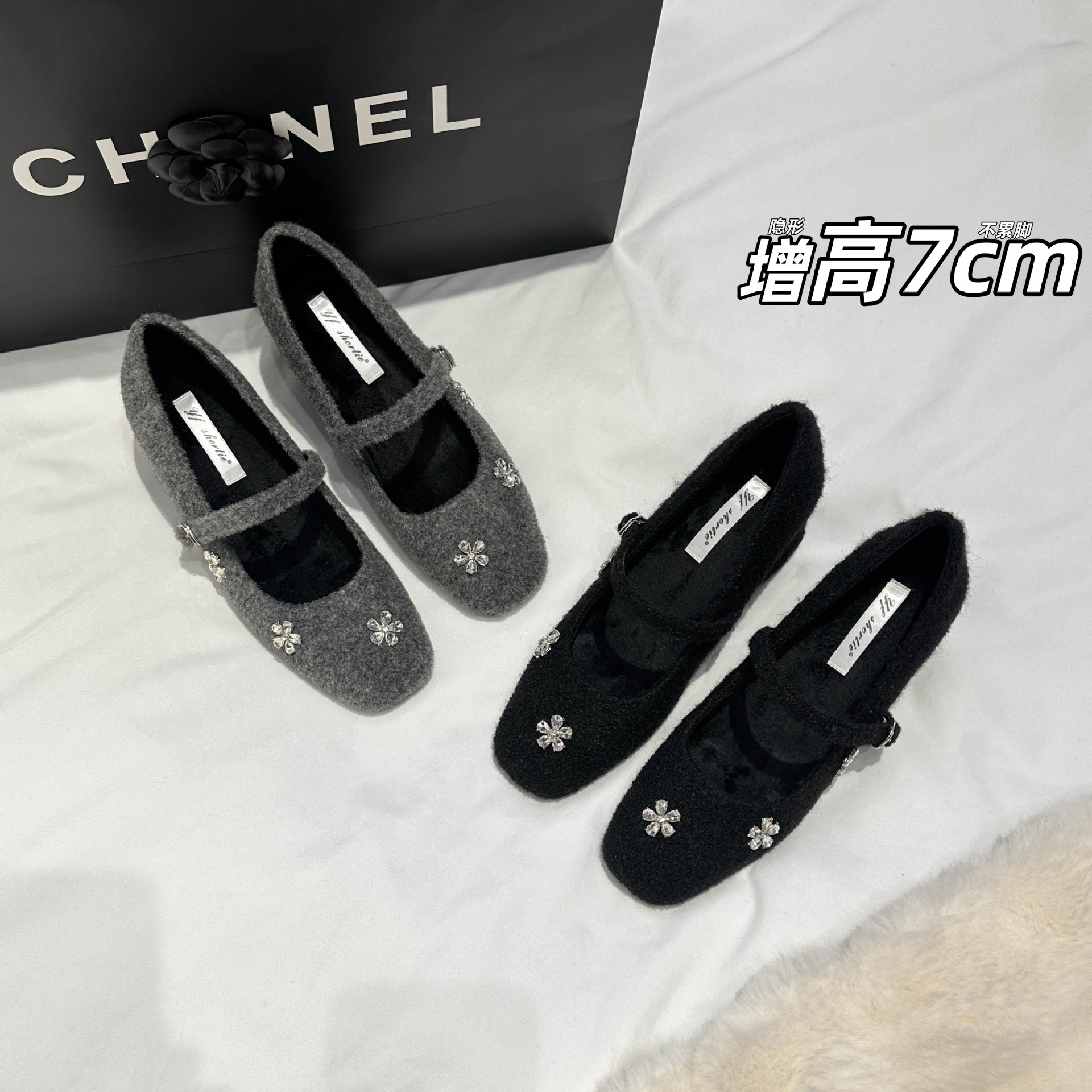 羊皮版~7cm增高加绒高跟毛毛鞋